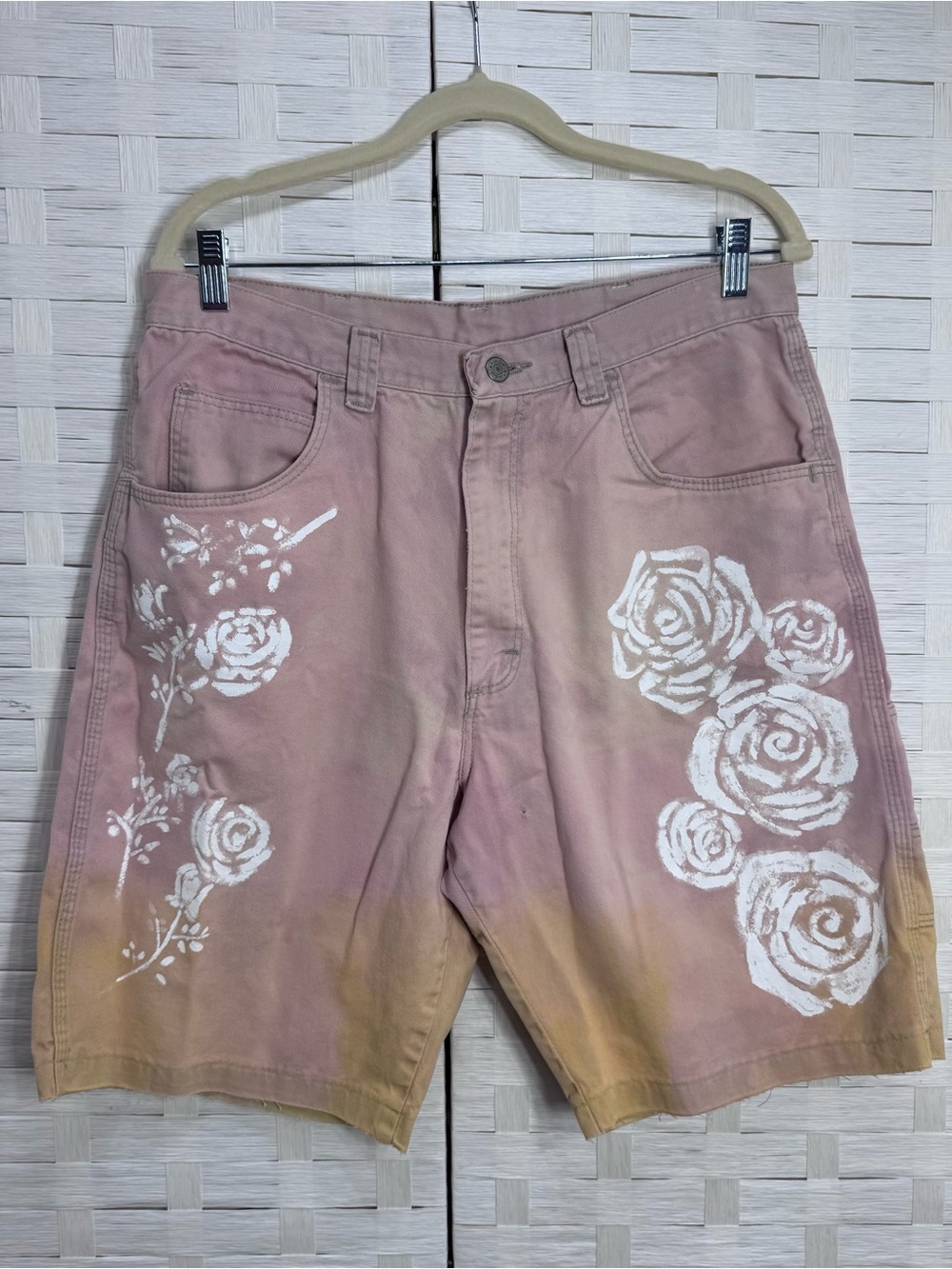 UPCYCLED‎ Pink & Yellow Ombré Distressed Flower Painted Frayed Hem Denim Shorts